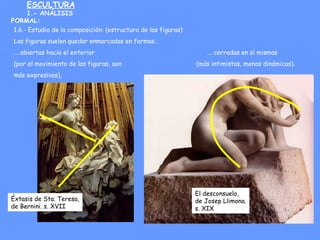 ESCULTURA
1.- ANÁLISIS
FORMAL:
1.6.- Estudio de la composición: (estructura de las figuras)
Las figuras suelen quedar enma...