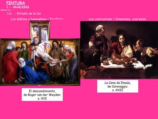 PINTURA
1.- ANÁLISIS
FORMAL:
1.6.- .- Estudio de la luz:
Luz diáfana y homogénea = Equilibrio Luz contrastada = Dinamismo,...