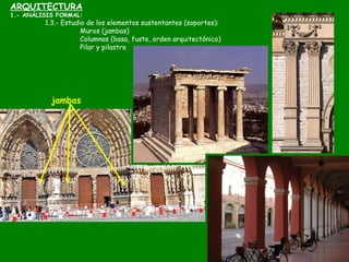 ARQUITECTURA
1.- ANÁLISIS FORMAL:
1.3.- Estudio de los elementos sustentantes (soportes):
Muros (jambas)
Columnas (basa, f...
