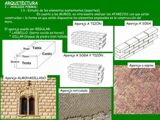 ARQUITECTURA
1.- ANÁLISIS FORMAL:
1.3.- Estudio de los elementos sustentantes (soportes):
En cuanto a los MUROS, es intere...