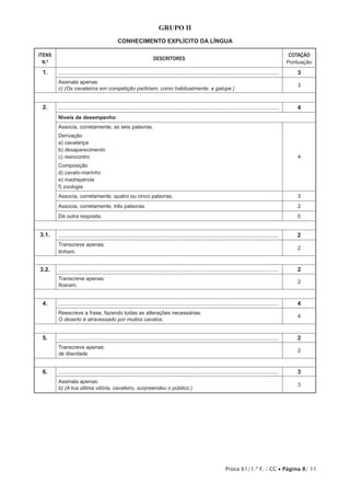 Prova 61/1.ª F. | CC • Página 8/ 11
Grupo II
CONHECIMENTO EXPLÍCITO DA LÍNGUA
ITENS
N.º
DESCRITORES
COTAÇÃO
Pontuação
1. ....................................................................................................................................... 3
Assinala apenas:
c) (Os cavaleiros em competição partiriam, como habitualmente, a galope.)
3
2. ....................................................................................................................................... 4
Níveis de desempenho
Associa, corretamente, as seis palavras.
Derivação
a) cavalariça
b) desaparecimento
c) reencontro
Composição
d) cavalo-marinho
e) madrepérola
f) zoologia
4
Associa, corretamente, quatro ou cinco palavras. 3
Associa, corretamente, três palavras. 2
Dá outra resposta. 0
3.1. ....................................................................................................................................... 2
Transcreve apenas:
tinham.
2
3.2. ....................................................................................................................................... 2
Transcreve apenas:
ficaram.
2
4. ....................................................................................................................................... 4
Reescreve a frase, fazendo todas as alterações necessárias:
O deserto é atravessado por muitos cavalos.
4
5. ....................................................................................................................................... 2
Transcreve apenas:
de liberdade.
2
6. ....................................................................................................................................... 3
Assinala apenas:
b) (A tua última vitória, cavaleiro, surpreendeu o público.)
3
 