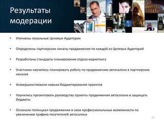 Результаты
модерации
• Уточнены локальные Целевые Аудитории
• Определены партнерские каналы продвижения по каждой из Целевых Аудиторий
• Разработаны стандарты планирования отдела маркетинга
• Участники научились планировать работу по продвижению автосалона в партнерских
каналах
• Усовершенствовали навыки бюджетирования проектов
• Научились презентовать руководству проекты продвижения автосалона и защищать
бюджеты
• Осознали потенциал продвижения и свои профессиональные возможности по
увеличению трафика посетителей автосалона
12
 