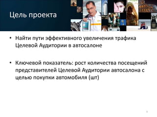 Цель проекта
• Найти пути эффективного увеличения трафика
Целевой Аудитории в автосалоне
• Ключевой показатель: рост количества посещений
представителей Целевой Аудитории автосалона с
целью покупки автомобиля (шт)
3
 