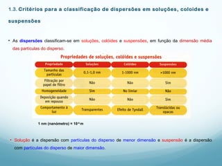 1.3. Critérios para a classificação de dispersões em soluções, coloides e
suspensões
• As dispersões classificam-se em soluções, colóides e suspensões, em função da dimensão média
das partículas do disperso.
1 nm (nanómetro) = 10-9
m
• Solução é a dispersão com partículas do disperso de menor dimensão e suspensão é a dispersão
com partículas do disperso de maior dimensão.
 