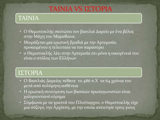 ΤΑΙΝΙΑ VS ΙΣΤΟΡΙΑ
ΤΑΙΝΙΑ
• Ο Θεμιστοκλής σκοτώνει τον βασιλιά Δαρείο με ένα βέλος
στην Μάχη του Μαραθώνα.
• Μοιράζεται μια ερωτική βραδιά με την Αρτεμισία,
προκειμένου η τελευταία να τον παρασύρει
• ο Θεμιστοκλής λέει στην Αρτεμισία ότι μόνο η οικογένειά του
είναι ο στόλος των Ελλήνων
ΙΣΤΟΡΙΑ
• Ο Βασιλιάς Δαρείος πέθανε το 486 π.Χ τα 64 χρόνια του
μετά από πολύμηνη ασθένεια
• Η ερωτική συνεύρεση των βασικών πρωταγωνιστών είναι
χολιγουντιανό εύρημα
• Σύμφωνα με τα γραπτά του Πλούταρχου, ο Θεμιστοκλής είχε
μια σύζυγο, την Αρχίππη, με την οποία απέκτησε τρεις γιους
 