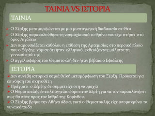  Ο Ξέρξης μεταμορφώνεται με μια μυσταγωγική διαδικασία σε Θεό
 Ο Ξέρξης παρακολούθησε τη ναυμαχία από το θρόνο που είχε στήσει στο
όρος Αιγάλεω
 Δεν παρουσιάζεται καθόλου η επίθεση της Αρτεμισίας στο περσικό πλοίο
που ο Ξέρξης νόμισε ότι ήταν ελληνικό, εκθειάζοντας μάλιστα τη
γενναιότητά της
 Ο αγγελιοφόρος του Θεμιστοκλή δεν ήταν βέβαια ο Εφιάλτης
ΤΑΙΝΙΑ
ΙΣΤΟΡΙΑ
Δεν συνέβη ιστορικά καμιά θεϊκή μεταμόρφωση του Ξέρξη. Πρόκειται για
επινόηση του σκηνοθέτη
Πράγματι ο Ξέρξης δε συμμετείχε στη ναυμαχία
Ο Θεμιστοκλής έστειλε αγγελιοφόρο στον Ξέρξη για να τον παραπλανήσει
πως θα πάνε προς τον Ισθμό της Κορίνθου.
Ο Ξέρξης βρήκε την Αθήνα άδεια, γιατί ο Θεμιστοκλής είχε απομακρύνει τα
γυναικόπαιδα
 