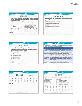 7/11/2011
6
IAS‐1999
Match List I (Shielding method) with List II (Welding
process) and select the correct answer using the codes
given below the lists:
List I List II
A. Flux coating 1. Gas metal arc welding
B Fl l S b d ldiB. Flux granules 2. Submerged arc welding
C. CO2 3. Shielded metal arc welding
D. Vacuum 4. Laser beam welding
5. Electron beam welding
Codes:A B C D A B C D
(a) 1 2 5 3 (b) 1 4 2 5
(c) 3 5 1 4 (d) 3 2 1 5
Ans. (d)
Compiled by: S K Mondal                  Made Easy
GATE‐2007
Which one of the following is a solid state joining 
process?
(a) Gas tungsten arc welding
(b) Resistance spot welding(b) Resistance spot welding
(c) Friction welding
(d) submerged arc welding
Ans. (c)
Compiled by: S K Mondal                  Made Easy
GATE‐1992
In an explosive welding process, the……….. 
(maximum/minimum) velocity of impact is fixed 
by the velocity of sound in the……………… 
(flyer/target) plate material
(a) Maximum; target
(b) Minimum; target
(c) Maximum; flyer
(d) Minimum; flyer
Ans. (c)
Compiled by: S K Mondal                  Made Easy
IES 2011           S‐1 Contd…
Match List –I with List –II and select the correct answer 
using the code given below the lists:
List‐I  List –II
A. Laser beam 
welding
1. Can be applied for welding or refractory metals 
like niobium, tantalum, molybdenum and tungsten.
B. Electron  2. A sound and clean welded joint is created due to 
beam welding rubbing of two parts against each other with 
adequate speed and pressure producing intense heat 
raising temperature above melting point.
C. Ultrasonic 
welding
3. Clean heat source created much away from job, a 
narrow spot is heated, work chamber  operates in a 
high vacuum.
D. Friction 
welding
4. Clean heat source very quick heating, very small 
focal spot, no vacuum chamber is required.
Compiled by: S K Mondal                  Made Easy
IES 2011             From S‐1
Codes :
A B C D A B C D
(a)  4  3 1 2 (b) 2 3 1 4
(c) 4 1 3 4 (d) 2 1 3 4( ) 4 3 4 ( ) 3 4
Ans. (a)
Compiled by: S K Mondal                  Made Easy
IES‐2009
Match List‐I with List‐II and select the correct answer using the code given 
below the Lists:
List‐I List‐II
(Welding Process) (Application)
A. Laser welding 1. Uniting large‐area sheets
B. Friction welding  2. Repairing large parts
C Ultrasonic welding 3 Welding a rod to a flat surfaceC. Ultrasonic welding 3. Welding a rod to a flat surface
D. Explosive welding  4. Fabrication of nuclear reactor 
components                                                       
5. Welding very thin materials
Code:
(a) A B C D (b) A B C D
5  4  3  2 1 4 2 5
(c) A B C D (d) A B C D
1 3 4 2 5 3 4 1
Ans. (d)
Compiled by: S K Mondal                  Made Easy
 