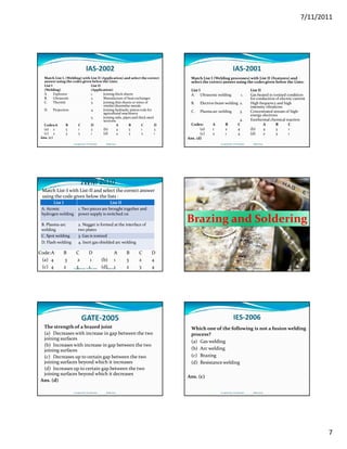 7/11/2011
7
IAS‐2002
Match List I, (Welding) with List II (Application) and select the correct 
answer using the codes given below the Lists:
List I List II
(Welding) (Application)
A. Explosive 1. Joining thick sheets
B. Ultrasonic 2. Manufacture of heat exchangesg
C. Thermit 3. Joining thin sheets or wires of 
similar/dissimilar metals
D. Projection 4. Joining hydraulic piston rods for 
agricultural machinery
5. Joining rails, pipes and thick steel 
sections
Codes:A B  C  D A  B  C  D
(a)  2  5  1  3 (b)  4  5  1  3
(c)  2  3  5  1 (d)  4  3 5  1
Ans. (c)
Compiled by: S K Mondal                  Made Easy
IAS‐2001
Match List I (Welding processes) with List II (Features) and 
select the correct answer using the codes given below the Lists:
List I List II
A. Ultrasonic welding 1. Gas heated to ionized condition      
for conduction of electric current
B. Electron beam welding  2. High frequency and high 
intensity vibrations
C. Plasma arc welding 3. Concentrated stream of high‐
energy electrons
4. Exothermal chemical reaction
Codes: A B C A B C
(a)  1 2 4 (b) 4 3 1
(c)  2 1 4 (d)  2 3 1
Ans. (d)
Compiled by: S K Mondal                  Made Easy
JWM 2010
Match List‐I with List‐II and select the correct answer 
using the code given below the lists :
List I  List II
A. Atomic 
hydrogen welding 
1. Two pieces are brought together and 
power supply is switched on
B  Plasma arc  2  Nugget is formed at the interface of 
Code:A B C D A B C D
(a) 4 3 2 1 (b)  1  3 2 4
(c)  4 2 3 1 (d) 1  2  3  4
B. Plasma‐arc 
welding 
2. Nugget is formed at the interface of 
two plates
C. Spot welding  3. Gas is ionized
D. Flash welding  4. Inert gas shielded arc welding
Compiled by: S K Mondal                  Made Easy
Brazing and Solderingg g
Compiled by: S K Mondal                  Made Easy
GATE‐2005
The strength of a brazed joint
(a) Decreases with increase in gap between the two 
joining surfaces
(b) Increases with increase in gap between the two 
j i i   fjoining surfaces
(c) Decreases up to certain gap between the two 
joining surfaces beyond which it increases
(d) Increases up to certain gap between the two 
joining surfaces beyond which it decreases
Ans. (d)
Compiled by: S K Mondal                  Made Easy
IES‐2006
Which one of the following is not a fusion welding 
process?
(a) Gas welding
(b) Arc welding(b) Arc welding
(c) Brazing
(d) Resistance welding
Ans. (c)
Compiled by: S K Mondal                  Made Easy
 