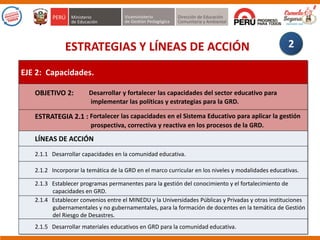 ESTRATEGIAS Y LÍNEAS DE ACCIÓN
EJE 2: Capacidades.
OBJETIVO 2: Desarrollar y fortalecer las capacidades del sector educativo para
implementar las políticas y estrategias para la GRD.
ESTRATEGIA 2.1 : Fortalecer las capacidades en el Sistema Educativo para aplicar la gestión
prospectiva, correctiva y reactiva en los procesos de la GRD.
LÍNEAS DE ACCIÓN
2.1.1 Desarrollar capacidades en la comunidad educativa.
2.1.2 Incorporar la temática de la GRD en el marco curricular en los niveles y modalidades educativas.
2.1.3 Establecer programas permanentes para la gestión del conocimiento y el fortalecimiento de
capacidades en GRD.
2.1.4 Establecer convenios entre el MINEDU y la Universidades Públicas y Privadas y otras instituciones
gubernamentales y no gubernamentales, para la formación de docentes en la temática de Gestión
del Riesgo de Desastres.
2.1.5 Desarrollar materiales educativos en GRD para la comunidad educativa.
2
 