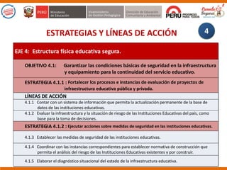 ESTRATEGIAS Y LÍNEAS DE ACCIÓN
EJE 4: Estructura física educativa segura.
OBJETIVO 4.1: Garantizar las condiciones básicas de seguridad en la infraestructura
y equipamiento para la continuidad del servicio educativo.
ESTRATEGIA 4.1.1 : Fortalecer los procesos e instancias de evaluación de proyectos de
infraestructura educativa pública y privada.
LÍNEAS DE ACCIÓN
4.1.1 Contar con un sistema de información que permita la actualización permanente de la base de
datos de las instituciones educativas.
4.1.2 Evaluar la infraestructura y la situación de riesgo de las Instituciones Educativas del país, como
base para la toma de decisiones.
ESTRATEGIA 4.1.2 : Ejecutar acciones sobre medidas de seguridad en las instituciones educativas.
4.1.3 Establecer las medidas de seguridad de las instituciones educativas.
4.1.4 Coordinar con las instancias correspondientes para establecer normativa de construcción que
permita el análisis del riesgo de las Instituciones Educativas existentes y por construir.
4.1.5 Elaborar el diagnóstico situacional del estado de la infraestructura educativa.
4
 