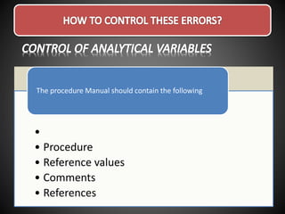 •
• Procedure
• Reference values
• Comments
• References
The procedure Manual should contain the following
 
