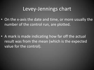 Levey-Jennings chart
• On the x-axis the date and time, or more usually the
number of the control run, are plotted.
• A mark is made indicating how far off the actual
result was from the mean (which is the expected
value for the control).
 