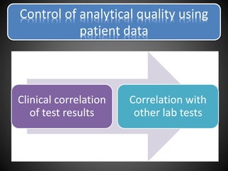 Control of analytical quality using
patient data
Clinical correlation
of test results
Correlation with
other lab tests
 