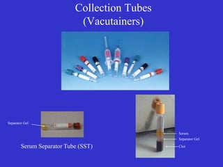 Collection Tubes
(Vacutainers)
Serum Separator Tube (SST)
Separator Gel
Separator Gel
Serum
Clot
 