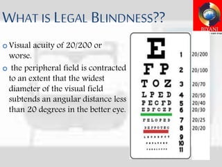 WHAT IS LEGAL BLINDNESS??
 Visual acuity of 20/200 or
worse.
 the peripheral field is contracted
to an extent that the widest
diameter of the visual field
subtends an angular distance less
than 20 degrees in the better eye.
 
