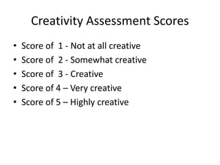 Creativity Assessment Scores
• Score of 1 - Not at all creative
• Score of 2 - Somewhat creative
• Score of 3 - Creative
• Score of 4 – Very creative
• Score of 5 – Highly creative
 