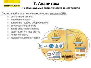 Рекомендуемые аналитические инструменты
Система веб аналитики с возможностью связки с CRM:
o рекламные каналы
o ключевые слова
o заявки на подбор оборудования
o вопросы специалисту
o заказ обратного звонка;
o адаптация РК под статус
o поиск по сайту
o телефонный мониторинг
7. Аналитика
 