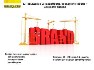 8. Повышение узнаваемости, осведомленности и
ценности бренда
Делает Интернет-маркетолог с:
- веб-аналитиком
- копирайтером
- дизайнером
Сколько: 60 – 20 часов. 1-2 недели.
Рекламный бюджет: 300 000 рублей
 