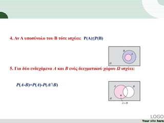 4. Αν Α υποσύνολο του Β τότε ισχύει: P(A)≤P(B)
5. Για δύο ενδεχόμενα Α και Β ενός δειγματικού χώρου Ω ισχύει:
LOGO
YourYour site herehere
P(A-B)=P(A)-P(A∩B)
 
