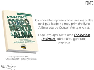FONTE
Lançado originalmente em 1997 
Os conceitos apresentados nesses slides
está publicado no meu primeiro livro: 
A Empresa de Corpo, Mente e Alma. 

Esse livro apresenta uma abordagem
sistêmica sobre como gerir uma
empresa. 
Última edição 2014 – Editora Palavra Acesa
 