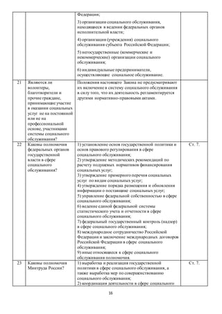 16
Федерации;
3) организации социального обслуживания,
находящиеся в ведении федеральных органов
исполнительной власти;
4) организации (учреждения) социального
обслуживания субъекта Российской Федерации;
5) негосударственные (коммерческие и
некоммерческие) организации социального
обслуживания;
6) индивидуальные предприниматели,
осуществляющие социальное обслуживание.
21 Являются ли
волонтеры,
благотворители и
прочие граждане,
принимающие участие
в оказании социальных
услуг не на постоянной
или не на
профессиональной
основе, участниками
системы социального
обслуживания?
Положения настоящего Закона не предусматривают
их включение в систему социального обслуживания
в силу того, что их деятельность регламентируется
другими нормативно-правовыми актами.
22 Каковы полномочия
федеральных органов
государственной
власти в сфере
социального
обслуживания?
1) установление основ государственной политики и
основ правового регулирования в сфере
социального обслуживания;
2) утверждение методических рекомендаций по
расчету подушевых нормативов финансирования
социальных услуг;
3) утверждение примерного перечня социальных
услуг по видам социальных услуг;
4) утверждение порядка размещения и обновления
информации о поставщике социальных услуг;
5) управление федеральной собственностью в сфере
социального обслуживания;
6) ведение единой федеральной системы
статистического учета и отчетности в сфере
социального обслуживания;
7) федеральный государственный контроль (надзор)
в сфере социального обслуживания;
8) международное сотрудничество Российской
Федерации и заключение международных договоров
Российской Федерации в сфере социального
обслуживания;
9) иные относящиеся к сфере социального
обслуживания полномочия.
Ст. 7.
23 Каковы полномочия
Минтруда России?
1) выработка и реализация государственной
политики в сфере социального обслуживания, а
также выработка мер по совершенствованию
социального обслуживания;
2) координация деятельности в сфере социального
Ст. 7.
 