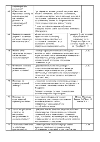 31
индивидуальной
программе?
68 Обязательно ли
обращение к одному из
рекомендованных
поставщиков,
указанных в
индивидуальной
программе?
При разработке индивидуальной программы в нее
вносятся координаты нескольких поставщиков,
которые предоставляют услуги высокого качества (в
соответствии с рейтингом организаций социального
обслуживания), а также те, которые наиболее
территориально доступны для получателя.
Однако это рекомендованная информация;
обращение именно к этим поставщикам не является
обязательным.
69 На основании какого
документа поставщик
оказывает получателю
социальные услуги?
Между получателем,
представившим поставщику
индивидуальную программу, и
поставщиком социальных услуг
заключается договор о
предоставлении социальныхуслуг.
Примерная форма договора
о предоставлении
социальных услуг;
Утверждена Приказом
Минтруда России №874н
от 10 ноября 2014 г.
70 В какие сроки
заключается договор о
предоставлении
социальных услуг?
Договор о предоставлении социальныхуслуг
заключается между поставщиком социальных услуг
и гражданином или его законным представителем в
течение суток с даты представления
индивидуальной программы поставщику
социальных услуг.
Ст. 17
71 Что входит в понятие
«существенные
условия договора»?
Существенными условиями договора о
предоставлении социальныхуслуг являются
положения, определенные индивидуальной
программой, а также стоимость социальных услуг в
случае, если они предоставляются за плату или
частичную плату.
Ст. 17
72 Возможен ли
пересмотр условий
договора?
Отношения, связанные с исполнением договора о
предоставлении социальныхуслуг, регулируются в
соответствии с законодательством Российской
Федерации.
Соответственно при согласии сторон условия
договора могут быть пересмотрены.
73 Возможен ли
односторонний
пересмотр договора?
Односторонний пересмотр условий
договора или одностороннее расторжение
договора возможны в случаях,
определенных законодательством
российской Федерации.
Приказ Минтруда
России №874н от 10
ноября 2014 г.
74 Может ли гражданин
отказаться от
социального
обслуживания или
социальной услуги?
Гражданин или его законный представитель имеет
право отказаться от социального обслуживания,
социальной услуги, нескольких из социальных
услуг, включенных в индивидуальную программу.
Отказ оформляется в письменной форме и вносится
в индивидуальную программу.
Ст. 18
75 Какие следствия влечет
за собой отказ
гражданина (его
Отказ получателя социальных услуг или его
законного представителя от социального
обслуживания, социальной услуги освобождает
Ст. 18
 