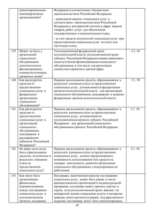 47
ориентированными
некоммерческими
организациями?
Федерации в соответствии с бюджетным
законодательством Российской Федерации,
- проведения закупок социальных услуг в
соответствии с законодательством Российской
Федерации о контрактной системе в сфере закупок
товаров, работ, услуг для обеспечения
государственных и муниципальных нужд,
- за счет средств получателей социальныхуслуг при
предоставлении социальныхуслуг за плату или
частичную плату.
139 Может ли быть у
организаций
социального
обслуживания
дополнительное
финансирование,
помимо источников,
указанных выше?
Уполномоченный федеральный орган
исполнительной власти, уполномоченный орган
субъекта Российской Федерации вправе привлекать
иные источники финансирования социального
обслуживания, в том числе для реализации
совместных проектов в данной сфере.
Ст. 30
140 Как расходуются
средства от
предоставления
социальных услуг в
федеральных
организациях
социального
обслуживания?
Порядок расходования средств, образовавшихся в
результате взимания платы за предоставление
социальных услуг, устанавливается федеральным
органом исполнительной власти - для организаций
социального обслуживания, находящихся в ведении
федеральных органов исполнительной власти;
Ст. 30
141 Как расходуются
средства от
предоставления
социальных услуг в
организациях
социального
обслуживания,
находящихся в
распоряжении
субъектов Российской
Федерации?
Порядок расходования средств, образовавшихся в
результате взимания платы за предоставление
социальных услуг, устанавливается
уполномоченным органом субъекта Российской
Федерации - для организаций социального
обслуживания субъекта Российской Федерации.
Ст. 30.
142 На какие цели могут
быть израсходованы
средства, полученные в
результате взимания
платы за
предоставление
социальных услуг?
Порядок расходования средств, образовавшихся в
результате взимания платы за предоставление
социальных услуг, должен предусматривать
возможность использования этих средств на
текущую деятельность, развитие организации
социального обслуживания, стимулирование ее
работников.
Ст. 30.
143 Как могут быть
организованы
финансовые
взаимоотношения
между поставщиком
социальных услуг и
уполномоченным
органом, выдавшим
Поставщик, включенный в реестр поставщиков
социальных услуг, может быть указан в числе
рекомендованных организаций в индивидуальной
программе; поставщик может принять участие в
торгах, если уполномоченный орган закупает на
конкурсной основе социальные услуги в интересах
граждан своего региона (в рамках государственного
задания); поставщику могут быть компенсированы
 