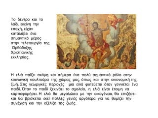 Η ελιά παίζει ακόμη και σήμερα ένα πολύ σημαντικό ρόλο στην
κοινωνική κουλτούρα της χώρας μας, όπως και στην οικονομική της
ζωή. Στις γεωργικές περιοχές μια ελιά φυτεύεται όταν γεννιέται ένα
παιδί. Όταν το παιδί ξεκινάει το σχολείο, η ελιά είναι έτοιμη να
καρποφορήσει. Η ελιά θα μεγαλώσει με την οικογένεια, θα επιζήσει
και θα βρίσκεται εκεί πολλές γενιές αργότερα για να θυμίζει την
συνέχιση και την εξέλιξη της ζωής.
Το δέντρο και το
λάδι, εκείνη την
εποχή, είχαν
καταλάβει ένα
σημαντικό μέρος
στην τελετουργία της
Ορθόδοξης
Χριστιανικής
εκκλησίας.
 