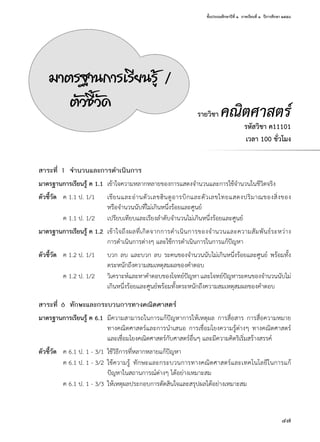 ชั้นประถมศึกษาปีที่ ๑  ภาคเรียนที่ ๑  ปีการศึกษา ๒๕๕๘
47
สาระที่ 1 จำ�นวนและการดำ�เนินการ
มาตรฐานการเรียนรู้ ค 1.1	 เข้าใจความหลากหลายของการแสดงจำ�นวนและการใช้จำ�นวนในชีวิตจริง
ตัวชี้วัด	 ค 1.1 ป. 1/1 	 เขียนและอ่านตัวเลขฮินดูอารบิกและตัวเลขไทยแสดงปริมาณของสิ่งของ
หรือจำ�นวนนับที่ไม่เกินหนึ่งร้อยและศูนย์
	 ค 1.1 ป. 1/2 	 เปรียบเทียบและเรียงลำ�ดับจำ�นวนไม่เกินหนึ่งร้อยและศูนย์
มาตรฐานการเรียนรู้ ค 1.2	 เข้าใจถึงผลที่เกิดจากการดำ�เนินการของจำ�นวนและความสัมพันธ์ระหว่าง
การดำ�เนินการต่างๆ และใช้การดำ�เนินการในการแก้ปัญหา
ตัวชี้วัด	 ค 1.2 ป. 1/1 	 บวก ลบ และบวก ลบ ระคนของจำ�นวนนับไม่เกินหนึ่งร้อยและศูนย์ พร้อมทั้ง
ตระหนักถึงความสมเหตุสมผลของคำ�ตอบ
	 ค 1.2 ป. 1/2	 วิเคราะห์และหาคำ�ตอบของโจทย์ปัญหา และโจทย์ปัญหาระคนของจำ�นวนนับไม่
เกินหนึ่งร้อยและศูนย์พร้อมทั้งตระหนักถึงความสมเหตุสมผลของคำ�ตอบ
สาระที่ 6 ทักษะและกระบวนการทางคณิตศาสตร์
มาตรฐานการเรียนรู้ ค 6.1 	มีความสามารถในการแก้ปัญหาการให้เหตุผล การสื่อสาร การสื่อความหมาย
ทางคณิตศาสตร์และการนำ�เสนอ การเชื่อมโยงความรู้ต่างๆ ทางคณิตศาสตร์
และเชื่อมโยงคณิตศาสตร์กับศาสตร์อื่นๆ และมีความคิดริเริ่มสร้างสรรค์
ตัวชี้วัด	 ค 6.1 ป. 1 - 3/1	 ใช้วิธีการที่หลากหลายแก้ปัญหา	
	 ค 6.1 ป. 1 - 3/2	 ใช้ความรู้ ทักษะและกระบวนการทางคณิตศาสตร์และเทคโนโลยีในการแก้
ปัญหาในสถานการณ์ต่างๆ ได้อย่างเหมาะสม
	 ค 6.1 ป. 1 - 3/3	 ให้เหตุผลประกอบการตัดสินใจและสรุปผลได้อย่างเหมาะสม
มาตรฐานการเรียนรู้ /
ตัวชี้วัด รายวิชา คณิตศาสตร์
รหัสวิชา ค11101
เวลา 100 ชั่วโมง
 