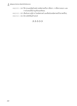 คู่มือครูสอนทางไกลผ่านดาวเทียมสำ�หรับโรงเรียนปลายทาง
48
	 ค 6.1 ป. 1 - 3/4	 ใช้ภาษาและสัญลักษณ์ทางคณิตศาสตร์ในการสื่อสาร การสื่อความหมาย และ
การนำ�เสนอได้อย่างถูกต้องและชัดเจน
	 ค 6.1 ป. 1 - 3/5	 เชื่อมโยงความรู้ต่างๆ ในคณิตศาสตร์ และเชื่อมโยงคณิตศาสตร์กับศาสตร์อื่นๆ
	 ค 6.1 ป. 1 - 3/6	 มีความคิดริเริ่มสร้างสรรค์

 