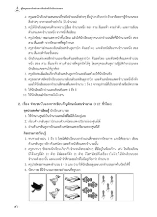 คู่มือครูสอนทางไกลผ่านดาวเทียมสำ�หรับโรงเรียนปลายทาง
56
	 2.	ครูและนักเรียนร่วมสนทนาเกี่ยวกับจำ�นวนสิ่งต่างๆ ที่อยู่รอบตัวเราว่า ถ้าเราต้องการรู้จำ�นวนของ
สิ่งต่างๆ เราควรจะทำ�อย่างไร (นับจำ�นวน)
	 3.	ครูให้นักเรียนทุกคนศึกษาความรู้เรื่อง จำ�นวนหนึ่ง สอง สาม สี่และห้า ตามลำ�ดับ และการเขียน
ตัวเลขแสดงจำ�นวนหนึ่ง จากหนังสือเรียน
	 4.	ครูนำ�บัตรภาพมาแสดงหน้าชั้นเรียน แล้วให้นักเรียนทุกคนบอกจำ�นวนสิ่งที่มีจำ�นวนหนึ่ง สอง
สาม สี่และห้า จากบัตรภาพที่ครูกำ�หนด
	 5.	ครูสาธิตการอ่านและเขียนตัวเลขฮินดูอารบิก ตัวเลขไทย และตัวหนังสือแทนจำ�นวนหนึ่ง สอง
สาม สี่และห้าทีละขั้นตอน
	 6.	นักเรียนแต่ละคนฝึกอ่านและเขียนตัวเลขฮินดูอารบิก ตัวเลขไทย และตัวหนังสือแสดงจำ�นวน
หนึ่ง สอง สาม สี่และห้า ตามตัวอย่างที่ครูสาธิตให้ดู โดยครูคอยเดินดูการปฏิบัติกิจกรรมของ
นักเรียนแต่ละคนให้ถูกต้อง
	 7.	ครูอธิบายเพิ่มเติมเกี่ยวกับตัวเลขฮินดูอารบิกและตัวเลขไทยให้นักเรียนฟัง
	 8.	ครูขออาสาสมัครนักเรียนออกมาเขียนตัวเลขฮินดูอารบิก และตัวเลขไทยแสดงจำ�นวนหนึ่งถึงห้า 
และให้นักเรียนบอกจำ�นวนสิ่งของที่แสดงจำ�นวน 1 ถึง 5 จากอุปกรณ์ที่เป็นของจริงหรือบัตรภาพ
	 9.	ให้นักเรียนฝึกอ่านและเขียนตัวเลข 1 ถึง 5
	 10.	ให้นักเรียนทำ�กิจกรรมในใบงาน
	 2. เรื่อง จำ�นวนนับและการเขียนสัญลักษณ์แทนจำ�นวน 0 (2 ชั่วโมง)
จุดประสงค์การเรียนรู้ นักเรียนสามารถ
	 1.	ใช้จำ�นวนศูนย์เป็นจำ�นวนแทนสิ่งที่ไม่มีสิ่งใดอยู่เลย
	 2.	เขียนตัวเลขฮินดูอารบิกและตัวเลขไทยแสดงปริมาณของศูนย์ได้
	 3.	อ่านตัวเลขฮินดูอารบิกและตัวเลขไทยแสดงปริมาณของศูนย์ได้
กิจกรรมการเรียนรู้
	 1.	ทบทวนจำ�นวน 1 ถึง 5 โดยให้นักเรียนบอกจำ�นวนสิ่งของจากบัตรภาพ และให้ออกมา เขียน
ตัวเลขฮินดูอารบิก ตัวเลขไทย และตัวหนังสือแสดงจำ�นวนนั้น
	 2.	ครูสนทนา ซักถามนักเรียนเกี่ยวกับจำ�นวนสิ่งของต่างๆ ที่มีอยู่ในห้องเรียน เช่น ในห้องเรียน
มีโต๊ะครูกี่ตัว (1 ตัว) มีพัดลมกี่ตัว (1 ตัว) มีโทรทัศน์กี่เครื่อง (ไม่มี) ให้นักเรียนบอก
จำ�นวนสิ่งของนั้น และแนะนำ�ว่าสิ่งของอะไรที่ไม่มีอยู่เรียกว่า จำ�นวน 0
	 3.	ครูนำ�บัตรภาพแสดงจำ�นวน 1 - 5 และ 0 มาให้นักเรียนดูและบอกจำ�นวนภาพในบัตรให้ชี้
	 4.	บัตรภาพ ที่มีจำ�นวนภาพตามจำ�นวนที่ครูบอก
 