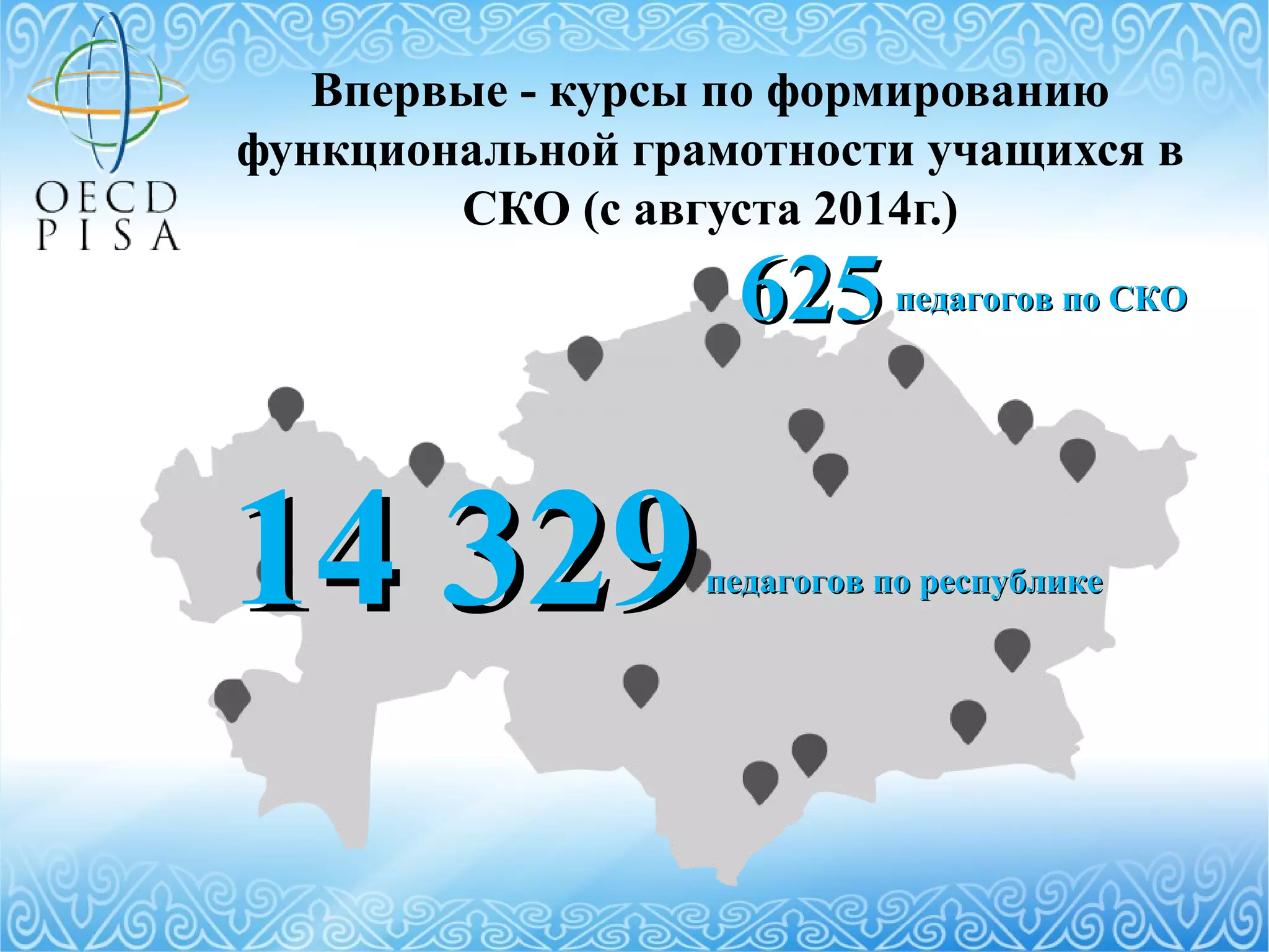 Впервые - курсы по формированию
функциональной грамотности учащихся в
СКО (с августа 2014г.)
14 32914 329
625625 педагогов по СКОпедагогов по СКО
педагогов по республикепедагогов по республике
 