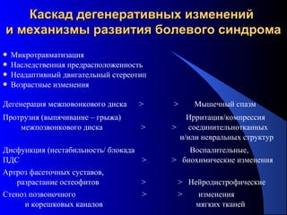 33
Каскад дегенеративных измененийКаскад дегенеративных изменений
и механизмы развития болевого синдромаи механизмы развития болевого синдрома
 Микротравматизация
 Наследственная предрасположенность
 Неадаптивный двигательный стереотип
 Возрастные изменения
Дегенерация межповонкового диска > > Мышечный спазм
Протрузия (выпячивание – грыжа)
межпозвонкового диска >
Ирритация/компрессия
> соединительнотканных
и/или невральных структур
Дисфункция (нестабильность/ блокада
ПДС >
Воспалительные,
> биохимические изменения
Артроз фасеточных суставов,
разрастание остеофитов > > Нейродистрофические
Стеноз позвоночного >
и корешковых каналов
> изменения
мягких тканей
 