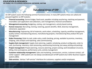 ER/CORP/CRS/LA1007/003 COPYRIGHT©2007, E4ED Technologies & Education
EDUCATION & RESEARCH
WE ENABLE YOU TO LEVERAGE KNOWLEDGE ANYWHERE, ANYTIME
Functional Areas of ERP
An ERP system covers the following common functional areas. In many ERP systems these are called and
grouped together as ERP modules:
• Financial accounting: General ledger, fixed asset, payables including vouchering, matching and payment,
receivables cash application and collections, cash management, financial consolidation
• Management accounting: Budgeting, costing, cost management, activity based costing
• Human resources: Recruiting, training, rostering, payroll, benefits, 401K, diversity management,
retirement, separation
• Manufacturing: Engineering, bill of materials, work orders, scheduling, capacity, workflow management,
quality control, manufacturing process, manufacturing projects, manufacturing flow, product life cycle
management
• Order Processing: Order to cash, order entry, credit checking, pricing, available to promise, inventory,
shipping, sales analysis and reporting, sales commissioning.
• Supply chain management: Supply chain planning, supplier scheduling, product configurator, order to
cash, purchasing, inventory, claim processing, warehousing (receiving, put-away, picking and packing).
• Project management: Project planning, resource planning, project costing, work breakdown structure,
billing, time and expense, performance units, activity management
• Customer relationship management: Sales and marketing, commissions, service, customer contact, call
center support - CRM systems are not always considered part of ERP systems but rather Business Support
systems (BSS).
• Data services : Various "self–service" interfaces for customers, suppliers and/or employees
 
