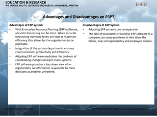 ER/CORP/CRS/LA1007/003 COPYRIGHT©2007, E4ED Technologies & Education
EDUCATION & RESEARCH
WE ENABLE YOU TO LEVERAGE KNOWLEDGE ANYWHERE, ANYTIME
Advantages and Disadvantages an ERP?
Advantages of ERP System
• With Enterprise Resource Planning (ERP) software,
accurate forecasting can be done. When accurate
forecasting inventory levels are kept at maximum
efficiency, this allows for the organization to be
profitable.
• Integration of the various departments ensures
communication, productivity and efficiency.
• Adopting ERP software eradicates the problem of
coordinating changes between many systems.
• ERP software provides a top-down view of an
organization, so information is available to make
decisions at anytime, anywhere.
Disadvantages of ERP System
• Adopting ERP systems can be expensive.
• The lack of boundaries created by ERP software in a
company can cause problems of who takes the
blame, lines of responsibility and employee morale.
 