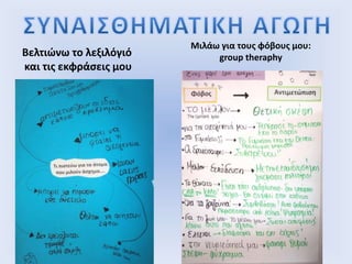 Βελτιώνω το λεξιλόγιό
και τις εκφράσεις μου
Μιλάω για τους φόβους μου:
group theraphy
 