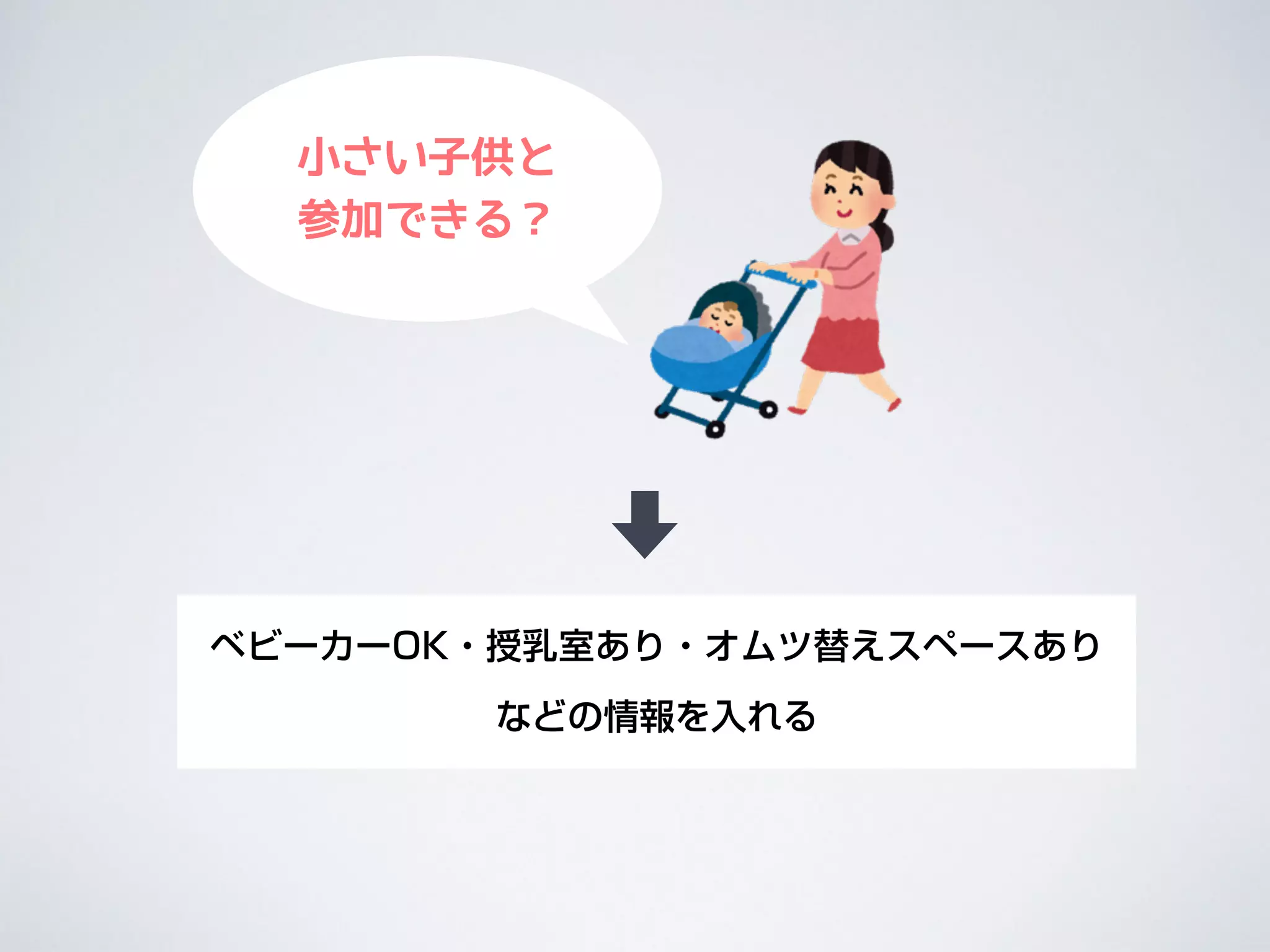小さい子供と 
参加できる？
ベビーカーOK・授乳室あり・オムツ替えスペースあり 
などの情報を入れる
 