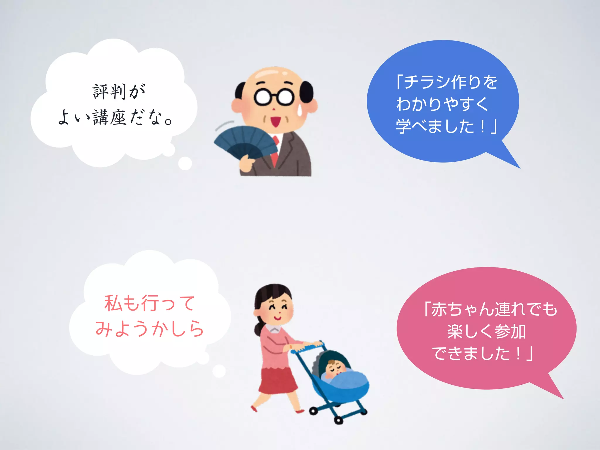  
「チラシ作りを
わかりやすく
学べました！」
評判が 
よい講座だな。
 
「赤ちゃん連れでも 
楽しく参加 
できました！」
私も行って
みようかしら
 