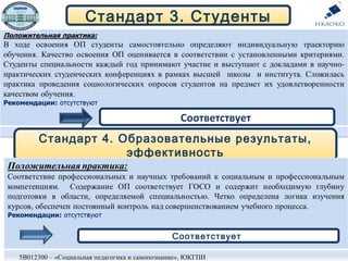 Стандарт 3. Студенты
Стандарт 4. Образовательные результаты,
эффективность
Соответствует
Соответствует
5В012300 – «Социальная педагогика и самопознание», ЮКГПИ
 