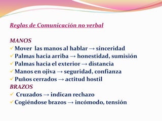 Reglas de Comunicación no verbal
MANOS
Mover las manos al hablar → sinceridad
Palmas hacia arriba → honestidad, sumisión
Palmas hacia el exterior → distancia
Manos en ojiva → seguridad, confianza
Puños cerrados → actitud hostil
BRAZOS
 Cruzados → indican rechazo
Cogiéndose brazos → incómodo, tensión
 