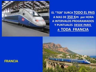 FRANCIA
EL “TGB” SURCA TODO EL PAIS
A MAS DE 350 Km por HORA
A INTERVALOS PROGRAMADOS
Y PUNTUALES DESDE PARIS
A TODA FRANCIA
 