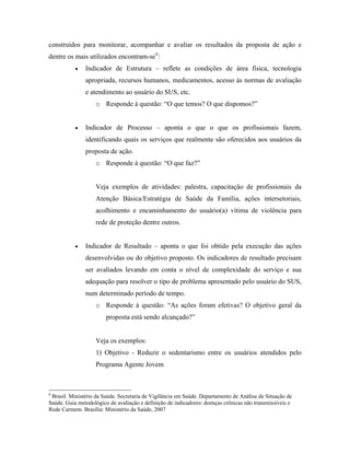 construídos para monitorar, acompanhar e avaliar os resultados da proposta de ação e
dentre os mais utilizados encontram-se6
:
• Indicador de Estrutura – reflete as condições de área física, tecnologia
apropriada, recursos humanos, medicamentos, acesso às normas de avaliação
e atendimento ao usuário do SUS, etc.
o Responde à questão: “O que temos? O que dispomos?”
• Indicador de Processo – aponta o que o que os profissionais fazem,
identificando quais os serviços que realmente são oferecidos aos usuários da
proposta de ação.
o Responde à questão: “O que faz?”
Veja exemplos de atividades: palestra, capacitação de profissionais da
Atenção Básica/Estratégia de Saúde da Família, ações intersetoriais,
acolhimento e encaminhamento do usuário(a) vítima de violência para
rede de proteção dentre outros.
• Indicador de Resultado – aponta o que foi obtido pela execução das ações
desenvolvidas ou do objetivo proposto. Os indicadores de resultado precisam
ser avaliados levando em conta o nível de complexidade do serviço e sua
adequação para resolver o tipo de problema apresentado pelo usuário do SUS,
num determinado período de tempo.
o Responde à questão: “As ações foram efetivas? O objetivo geral da
proposta está sendo alcançado?”
Veja os exemplos:
1) Objetivo - Reduzir o sedentarismo entre os usuários atendidos pelo
Programa Agente Jovem
6
Brasil. Ministério da Saúde. Secretaria de Vigilância em Saúde. Departamento de Análise de Situação de
Saúde. Guia metodológico de avaliação e definição de indicadores: doenças crônicas não transmissíveis e
Rede Carmem. Brasília: Ministério da Saúde, 2007
 