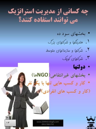 ‫استراتژیک‬ ‫مدیریت‬ ‫از‬ ‫کسانی‬ ‫چه‬
‫کنند؟‬ ‫استفاده‬ ‫توانند‬ ‫می‬
•‫ده‬ ‫سود‬ ‫بخشهای‬
.1‫بزرگ‬ ‫شرکتهای‬ ‫و‬ ‫هلدینگها‬
.2‫متوسط‬ ‫سازمانهای‬ ‫و‬ ‫شرکتها‬
.3‫کوچک‬ ‫شرکتهای‬
•‫دولتها‬
•‫غیرانتفاعی‬ ‫بخشهای‬(NGO‫ها‬)
•‫نفر‬ ‫یک‬ ‫با‬ ‫تنها‬ ‫هایی‬ ‫کسب‬ ‫و‬ ‫کار‬
(‫انفرادی‬ ‫های‬ ‫کسب‬ ‫و‬ ‫کار‬)
www.ZARRAD.blogfa.com
0911700173213
 