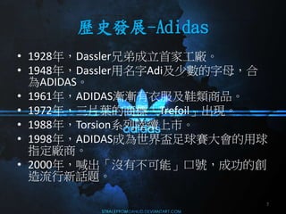 vʷlչ-Adidas
? 1928꣬Dasslerֵܳ׼ҹS
? 1948꣬DasslerAdiٔĸ
ADIDAS
? 1961꣬ADIDASuu·ЬƷ
? 1972꣬Ƭ~̘ˡTrefoilF
? 1988꣬TorsionϵmС
? 1998꣬ADIDASɞ簠ِ
ָS̡
? 2000꣬]вܡ̖ɹĄ
Ԓ}
7
 