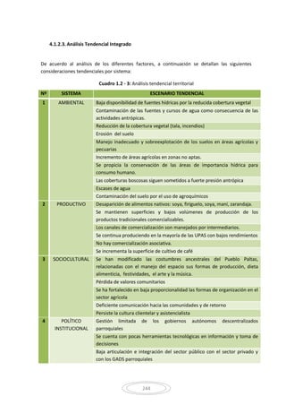 244
4.1.2.3. Análisis Tendencial Integrado
De acuerdo al análisis de los diferentes factores, a continuación se detallan las siguientes
consideraciones tendenciales por sistema:
Cuadro 1.2 - 3: Análisis tendencial territorial
Nº SISTEMA ESCENARIO TENDENCIAL
1 AMBIENTAL Baja disponibilidad de fuentes hídricas por la reducida cobertura vegetal
Contaminación de las fuentes y cursos de agua como consecuencia de las
actividades antrópicas.
Reducción de la cobertura vegetal (tala, incendios)
Erosión del suelo
Manejo inadecuado y sobreexplotación de los suelos en áreas agrícolas y
pecuarias
Incremento de áreas agrícolas en zonas no aptas.
Se propicia la conservación de las áreas de importancia hídrica para
consumo humano.
Las coberturas boscosas siguen sometidos a fuerte presión antrópica
Escases de agua
Contaminación del suelo por el uso de agroquímicos
2 PRODUCTIVO Desaparición de alimentos nativos: soya, firiguelo, soya, maní, zarandaja.
Se mantienen superficies y bajos volúmenes de producción de los
productos tradicionales comercializables.
Los canales de comercialización son manejados por intermediarios.
Se continua produciendo en la mayoría de las UPAS con bajos rendimientos
No hay comercialización asociativa.
Se incrementa la superficie de cultivo de café
3 SOCIOCULTURAL Se han modificado las costumbres ancestrales del Pueblo Paltas,
relacionadas con el manejo del espacio sus formas de producción, dieta
alimenticia, festividades, el arte y la música.
Pérdida de valores comunitarios
Se ha fortalecido en baja proporcionalidad las formas de organización en el
sector agrícola
Deficiente comunicación hacia las comunidades y de retorno
Persiste la cultura clientelar y asistencialista
4 POLÍTICO
INSTITUCIONAL
Gestión limitada de los gobiernos autónomos descentralizados
parroquiales
Se cuenta con pocas herramientas tecnológicas en información y toma de
decisiones
Baja articulación e integración del sector público con el sector privado y
con los GADS parroquiales
 