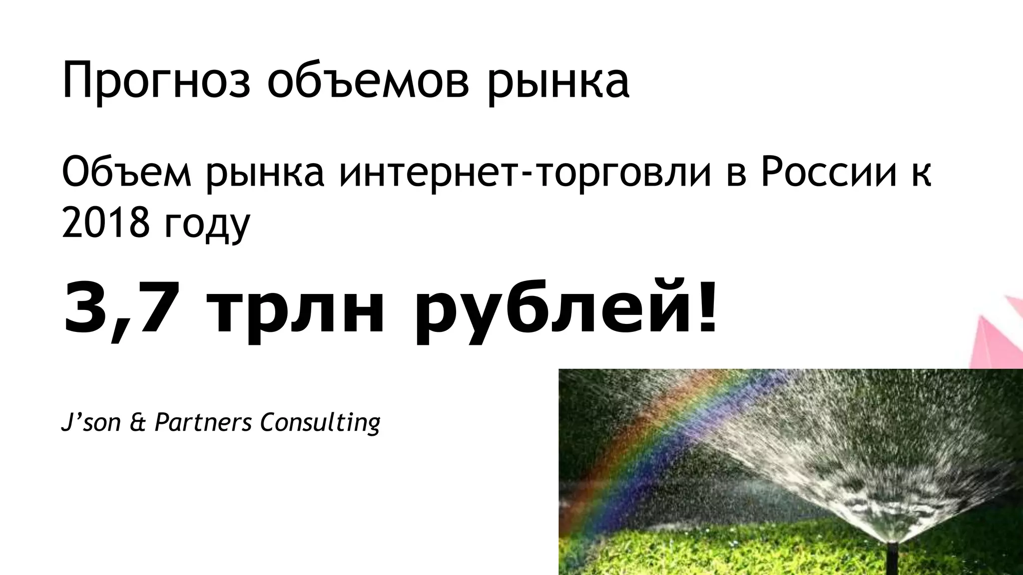 Прогноз объемов рынка
Объем рынка интернет-торговли в России к
2018 году
3,7 трлн рублей!
J’son & Partners Consulting
 