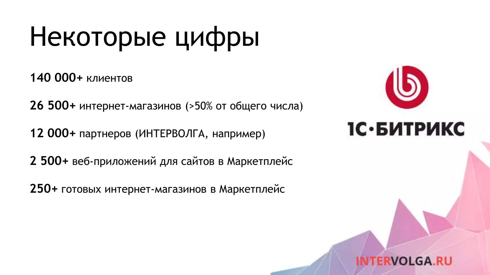Некоторые цифры
140 000+ клиентов
26 500+ интернет-магазинов (>50% от общего числа)
12 000+ партнеров (ИНТЕРВОЛГА, например)
2 500+ веб-приложений для сайтов в Маркетплейс
250+ готовых интернет-магазинов в Маркетплейс
 