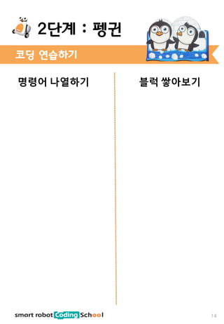 명령어 나열하기 블럭 쌓아보기
코딩 연습하기
14
2단계 : 펭귄
 