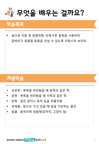 무엇을 배우는 걸까요?
학습목표
 앞으로 이동 및 방향전환, 반복구문 블록을 사용하여
알버트가 동물원 동물을 만날 수 있도록 이동시켜 보아요.
개념학습
 오른쪽 : 북쪽을 바라봤을 때 동쪽과 같은 쪽
 왼쪽 : 북쪽을 바라봤을 때 서쪽과 같은 쪽
 반복 : 같은 말이나 동작 등을 되풀이함
 장애물 : 앞으로 가고 있을 때 앞을 가로막는 물건
 동물 : 움직이며 생물체(강아지, 고양이 등)
4
 