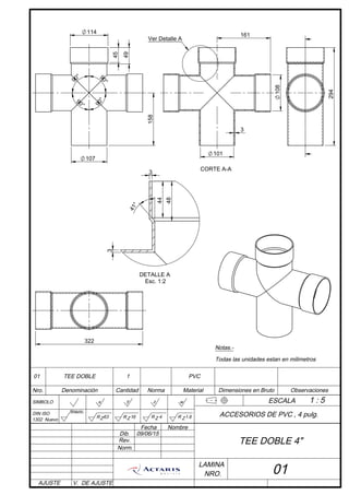 158
114
107
45
49
90°
90°
90°
90°
322
294
101
3
161
108
Ver Detalle A
48
44
41°
3
3
CORTE A-A
Notas.-
Todas las unidades estan en milimetros
DETALLE A
Esc. 1:2
LAMINA
Rev.
Norm.
Dib.
AJUSTE V. DE AJUSTE
Ninguno
1302 Nuevo
DIN ISO
63ZR
NRO.
NombreFecha
RZ16 ZR 4 1.6R Z
Dimensiones en BrutoCantidadDenominación
SIMBOLO
Nro.
x y z
Norma Material
w
Observaciones
ESCALA
ACCESORIOS DE PVC , 4 pulg.
01
1 : 5
TEE DOBLE 4"
1TEE DOBLE PVC01
09/06/15
 